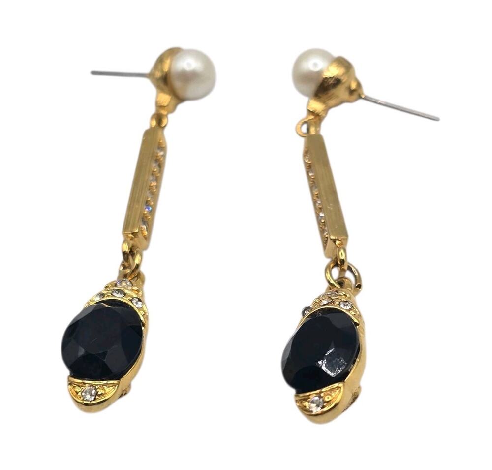 Vintage Earrings Pierced Marvella Faux Pearl Black Rhinestone Gold Tone SKU 2480